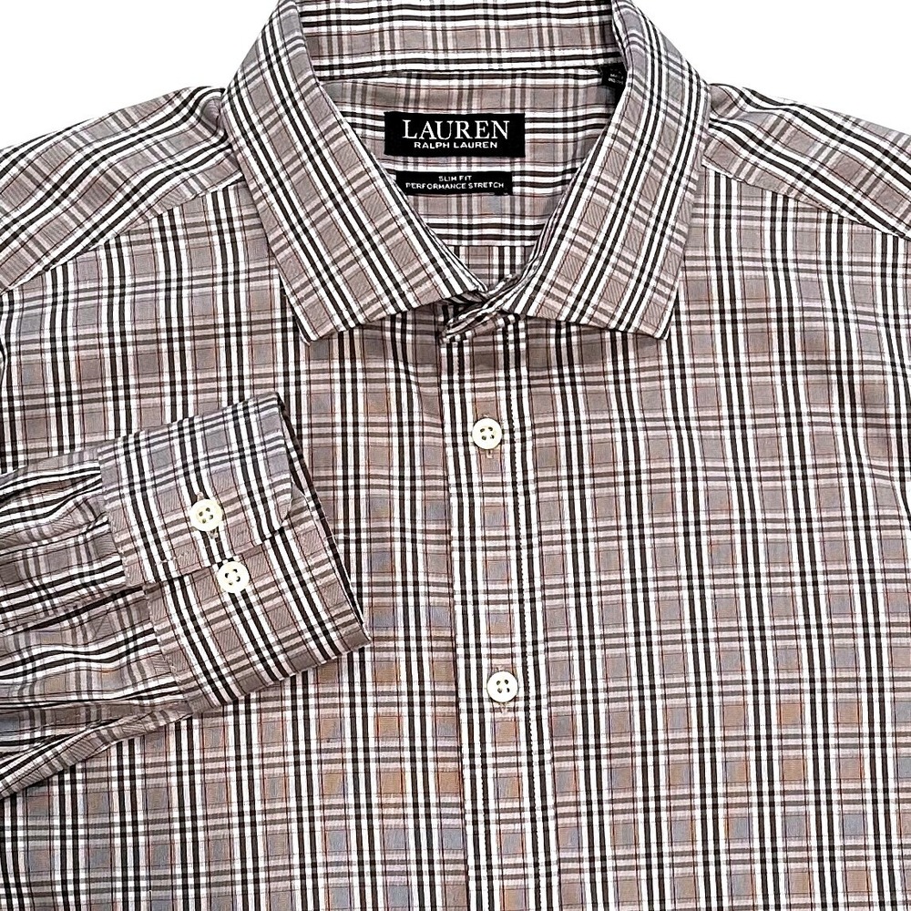 Lauren Ralph Lauren Slim Fit Performance Plaid Dress Shirt Men's 16.5 34/35 Gray